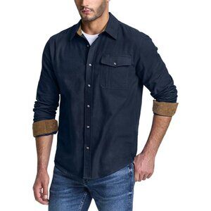 CQR Mens All Cotton Flannel Shirt Long Sleeve Brushed Soft Solid Navy size XL